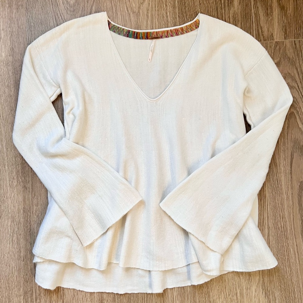 Free People Boho Cotton Linen Blend Peasant Sleeve V-Neck Women's Size L Top